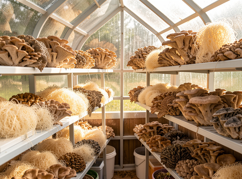 Oyster and lion's mane mushrooms fruiting on every shelf of a converted plastic mini greenhouse