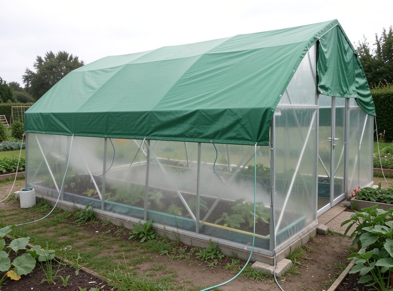 Polytunnel greenhouse fitted with shade cloth and humidity misting for mushrooms