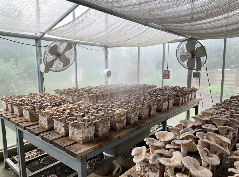 Oyster mushroom fruiting blocks arranged on greenhouse benches under shade cloth