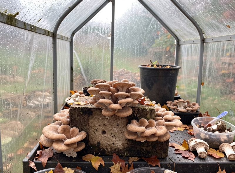 Shaded greenhouse interior with humid air and oyster mushrooms fruiting in late autumn