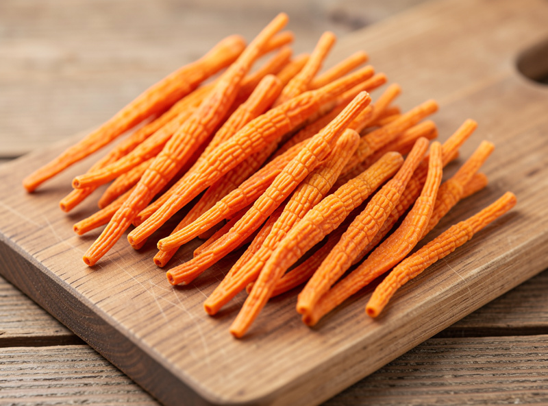 Dried orange cordyceps militaris clubs harvested from a home cultivation jar