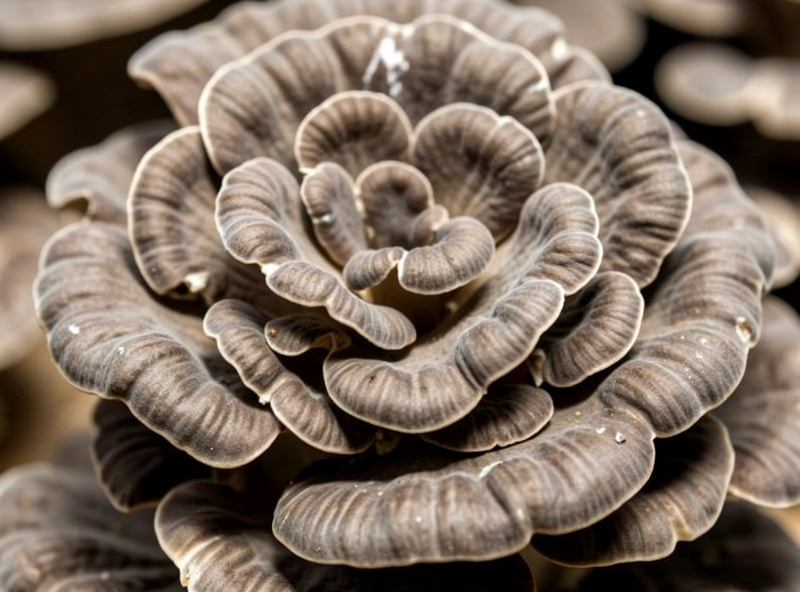 Grey-brown maitake hen of the woods rosette fruiting from a cased hardwood block