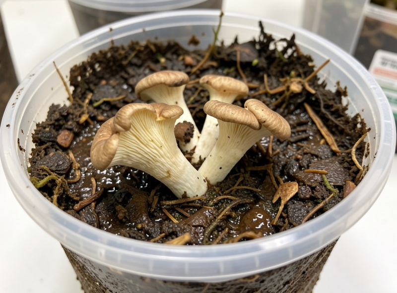 Maitake fronds emerging through a moist casing layer in a fruiting tub
