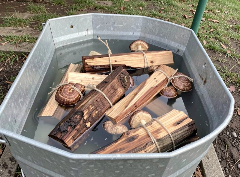 Shiitake logs submerged in a cold-water tub to force a synchronized flush