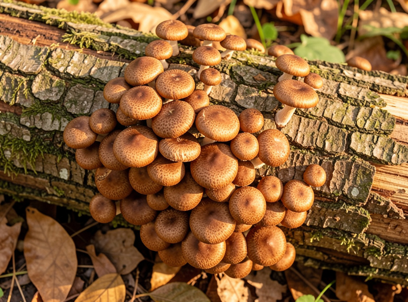 Fresh shiitake mushrooms fruiting in clusters across an inoculated oak log