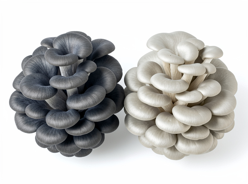 Side-by-side blue and pearl oyster mushroom clusters showing color difference