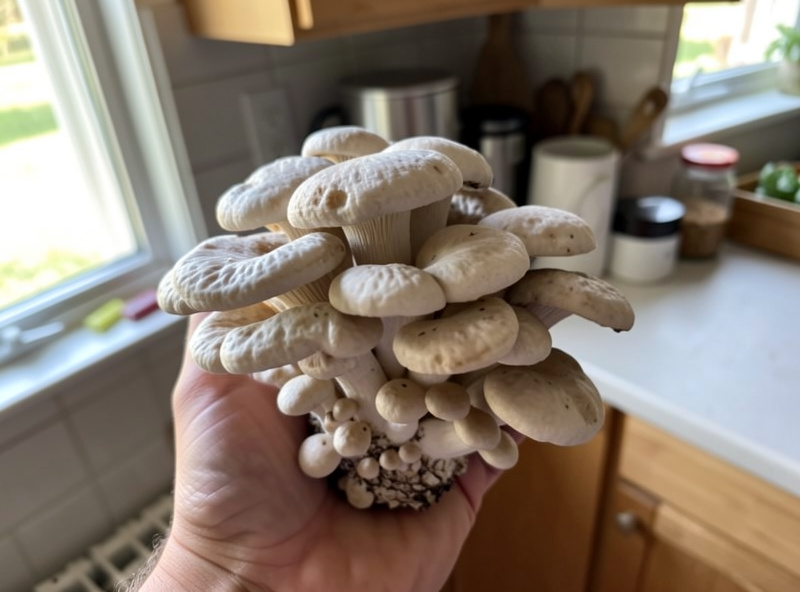 Harvested cluster of pearl oyster mushrooms held in hand at peak maturity
