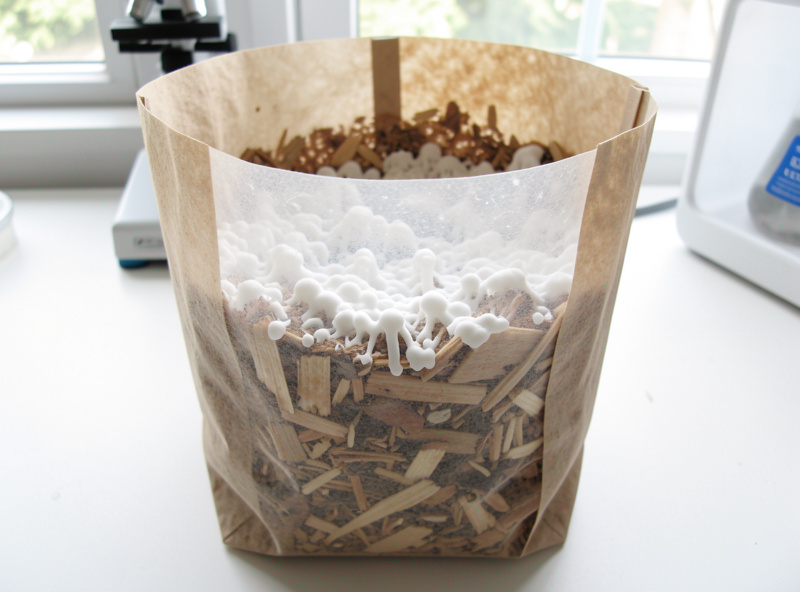 Sterilized supplemented sawdust fruiting block colonizing with white mycelium in a filter patch bag
