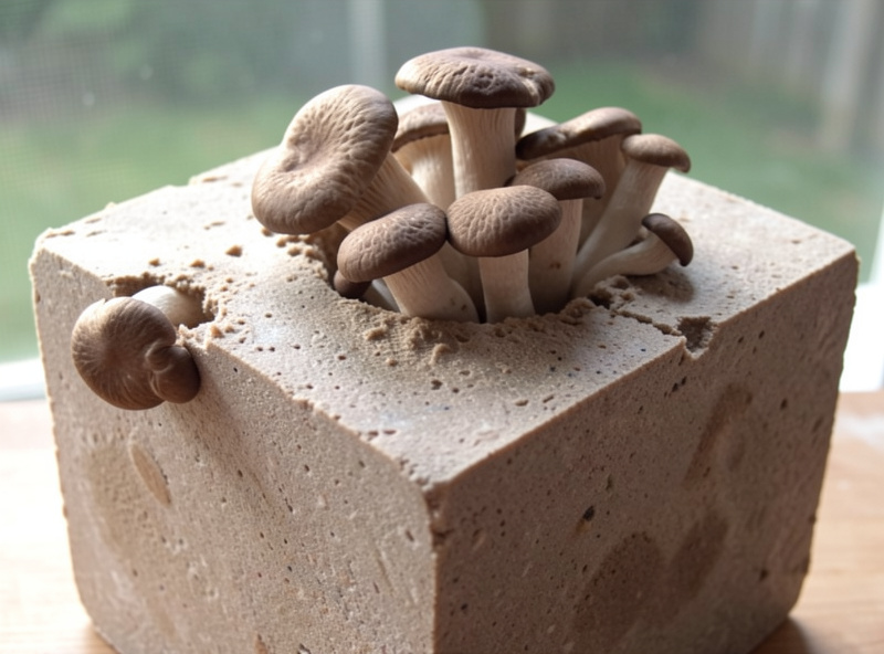 Thick-stemmed king oyster mushrooms fruiting from a hole cut in a substrate block