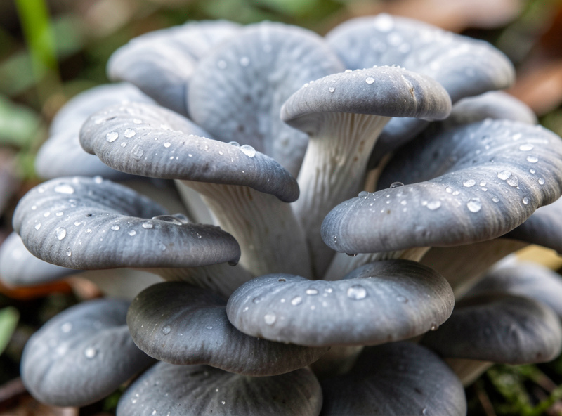 Cluster of grey-blue pearl oyster mushrooms fruiting from a substrate block