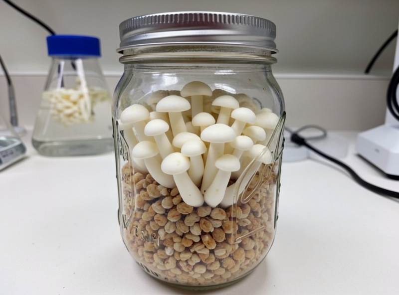 Grain spawn jar fully colonized with white oyster mushroom mycelium