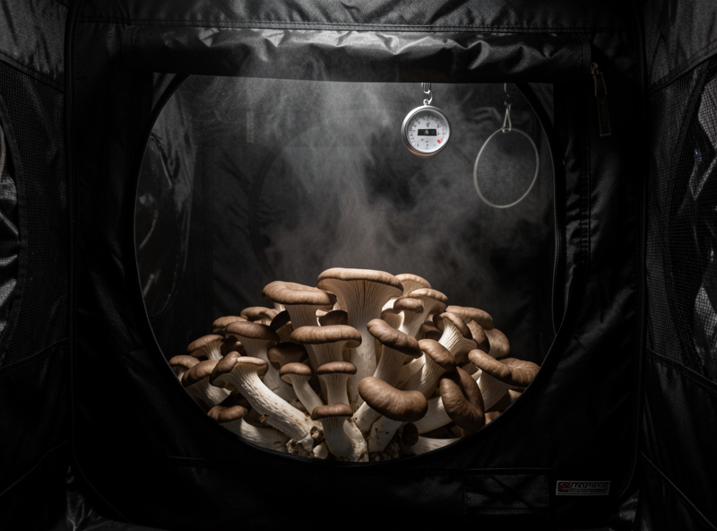 Oyster mushrooms fruiting inside a Martha-style grow tent with a humidifier