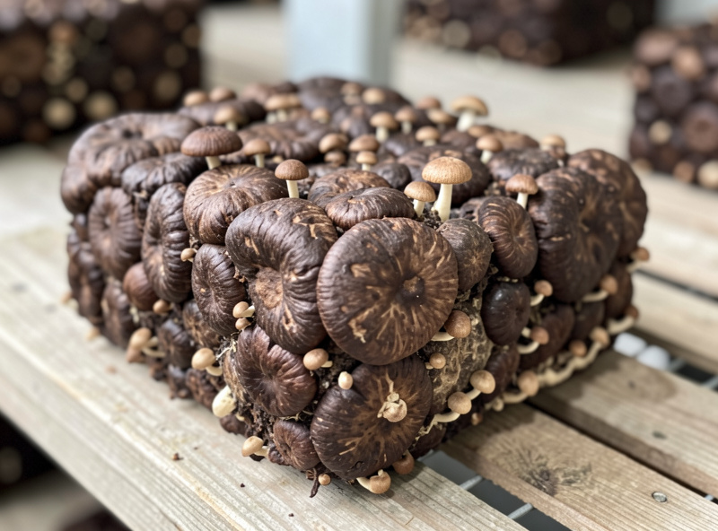 Fully colonized brown shiitake fruiting block on a cultivation bench with developing mushroom pins