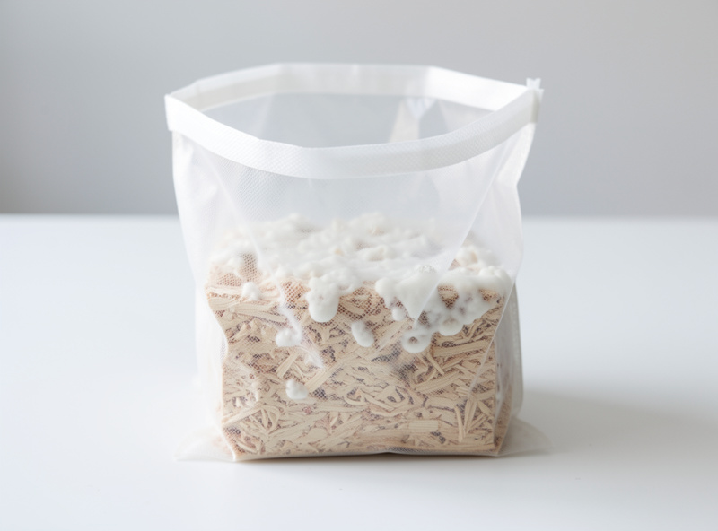 Freshly inoculated shiitake sawdust block in a filter patch bag colonizing white mycelium