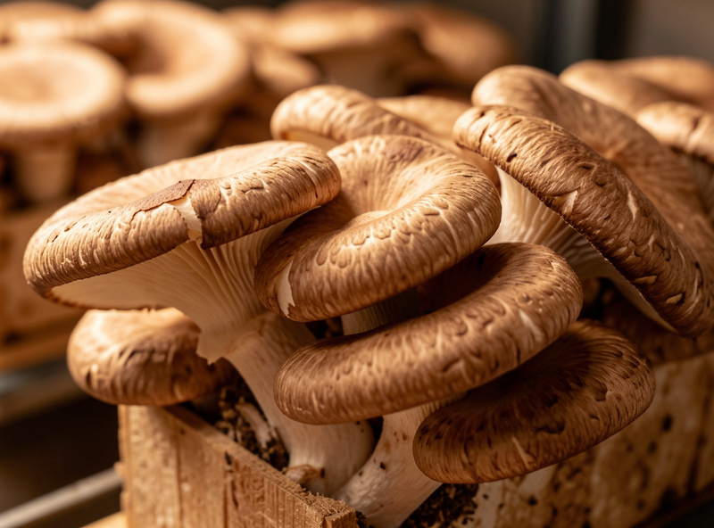 Mature shiitake mushrooms with curled cap edges ready to harvest from an indoor fruiting block