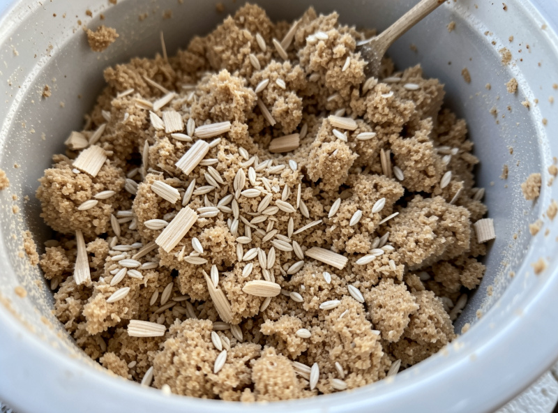 Hardwood sawdust and wheat bran mixed for a shiitake fruiting block before hydration