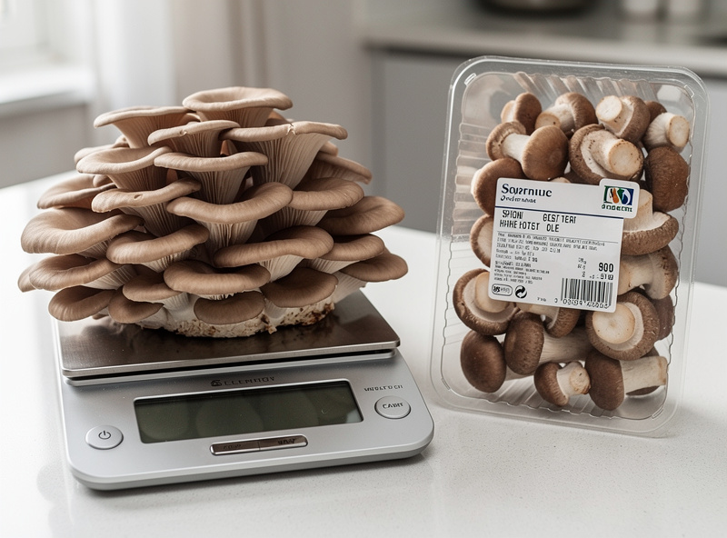 A kitchen scale weighing homegrown oyster mushrooms beside a grocery store package of gourmet mushrooms with a visible price label, cost comparison setup