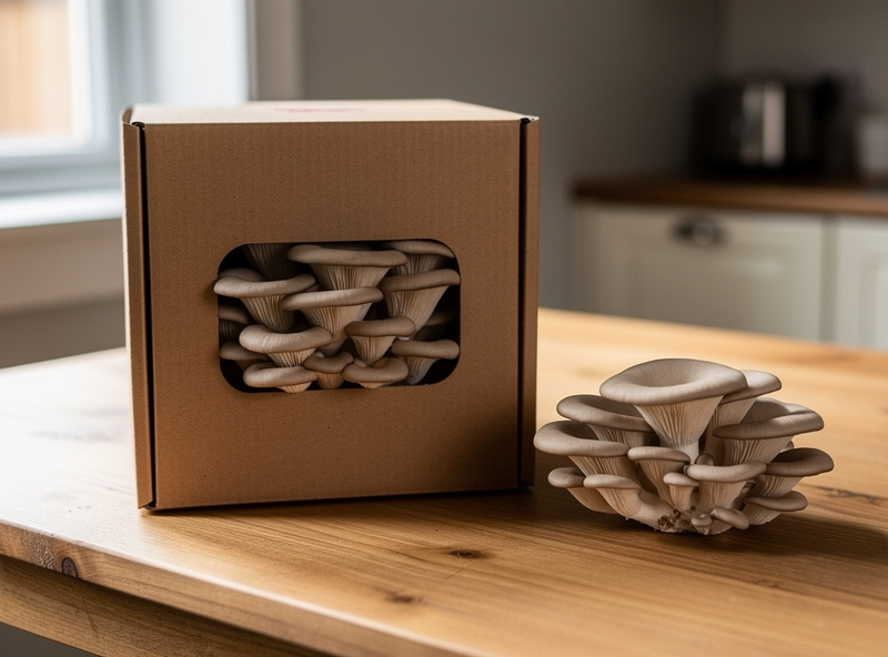 A pre-made mushroom grow kit box beside its modest single harvest of oyster mushrooms, illustrating the limited yield per kit