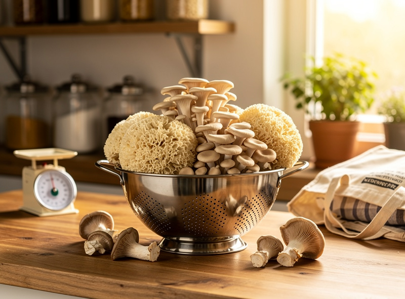 A weekly harvest of fresh homegrown gourmet mushrooms in a kitchen, oyster and lions mane, representing the ongoing savings versus store prices