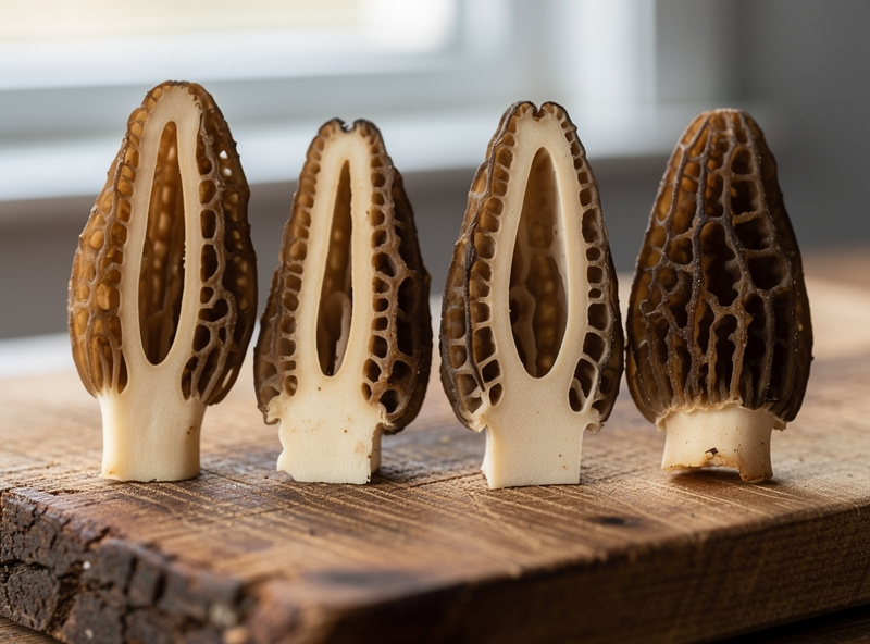 Fresh true morel mushrooms with honeycomb pitted caps sliced lengthwise showing the completely hollow interior on a wooden board