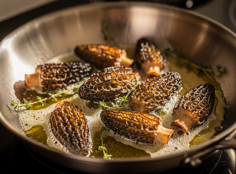 Halved morel mushrooms sauteing in butter in a pan over medium-high heat, browning at the edges, fresh thyme being added