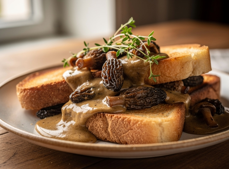 A finished plate of sauteed morel mushrooms in cream sauce over toast, garnished with thyme, warm editorial food photography