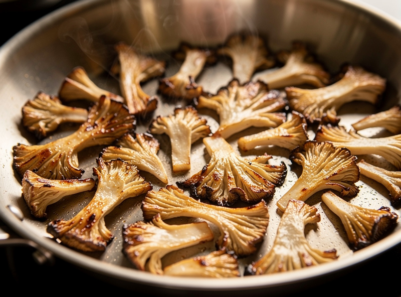 Pearl oyster mushrooms torn into fronds searing in a single layer in a hot stainless steel pan, golden caramelised edges forming