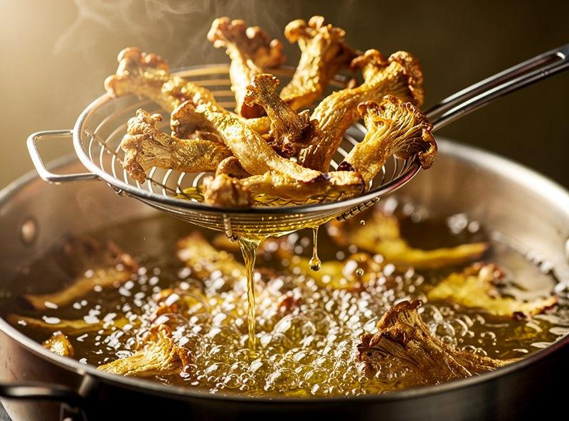 Battered oyster mushroom fronds deep-frying to golden brown in hot oil, vegetarian fried calamari style
