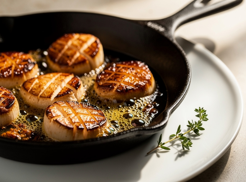 King oyster mushroom rounds scored in a cross-hatch pattern and seared in butter in a pan, scallop-style presentation on a plate