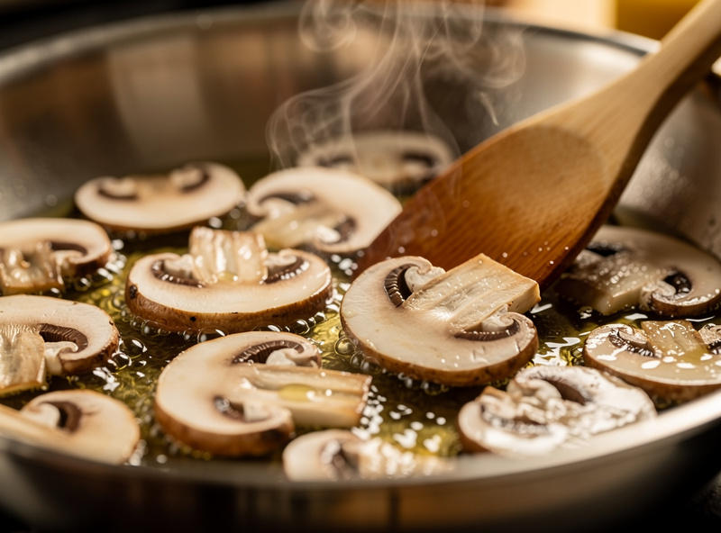 Sliced mushrooms par-cooking in a pan in butter, releasing and evaporating their water before being cooled for freezing