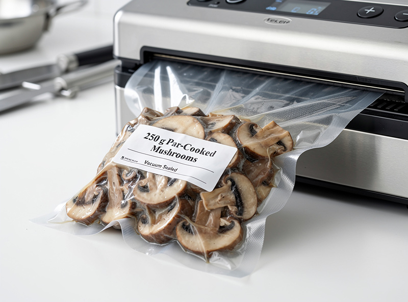 Cooled par-cooked mushroom slices being vacuum-sealed into a labelled 250 gram portion bag, vacuum sealer on the kitchen counter