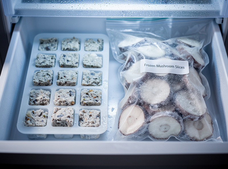 Frozen mushroom duxelles cubes in a silicone tray beside a labelled vacuum-sealed bag of frozen mushroom slices in a freezer drawer