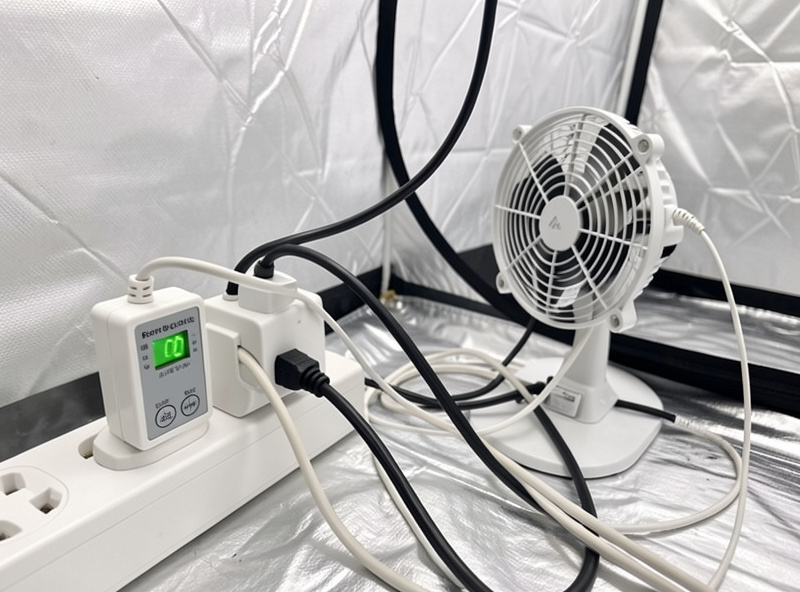 A plug-in humidistat controller and repeat-cycle timer on a power strip wired to a humidifier and fan