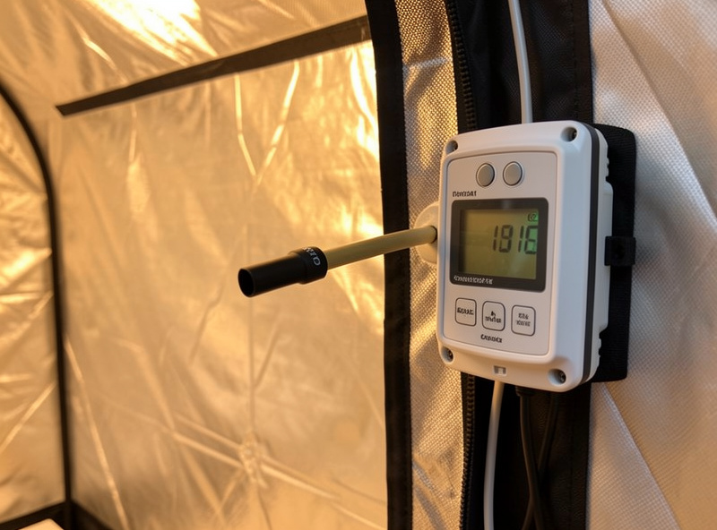A humidistat and timer module mounted on a grow tent panel with the probe inside and a hygrometer reading high humidity