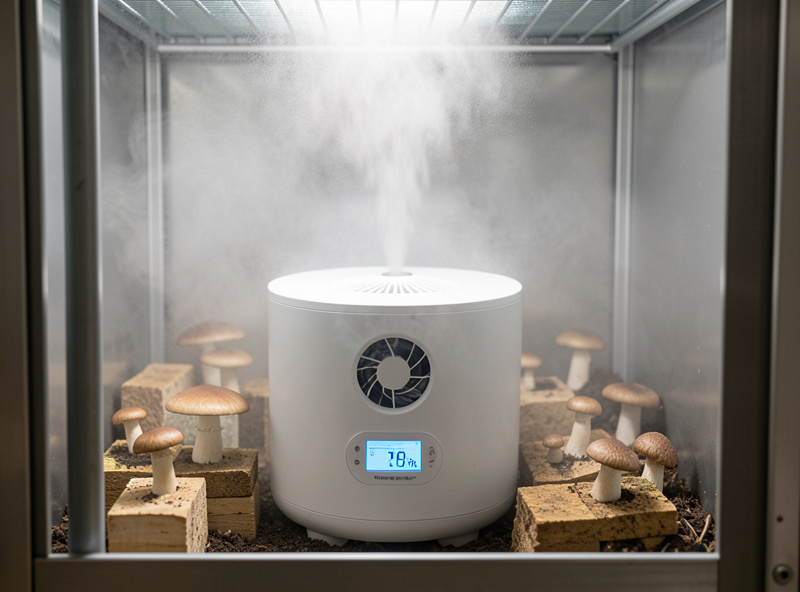 An ultrasonic humidifier fogging a fruiting chamber while a fan runs and a hygrometer reads ninety percent