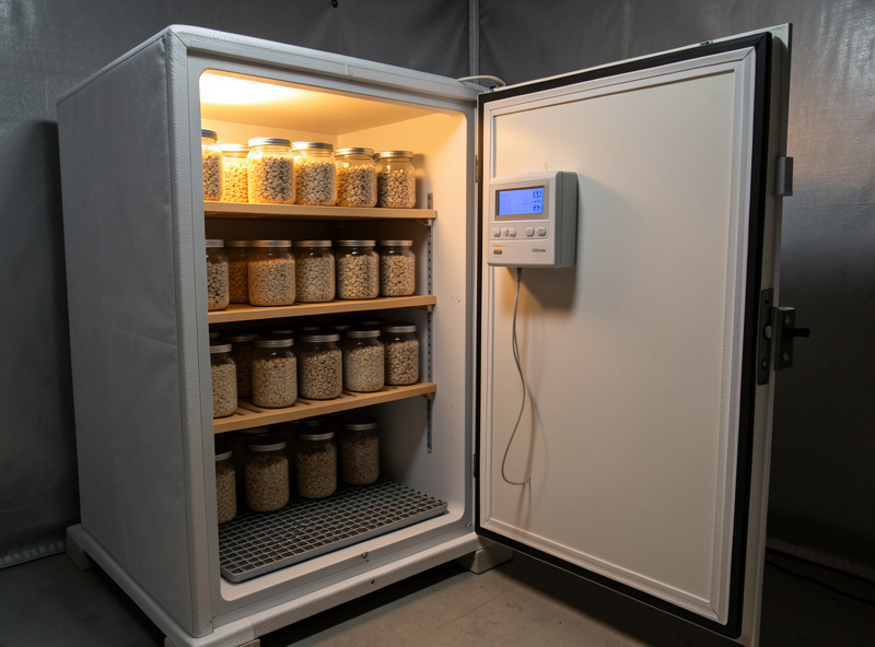 An insulated cabinet incubation chamber with grain jars on shelves over a heat mat and a controller on the side