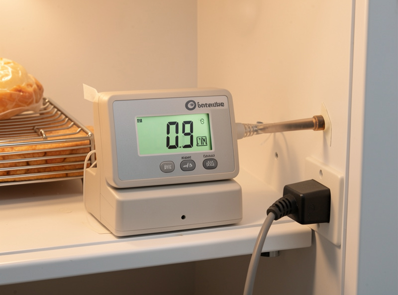 A temperature controller display reading a steady warm temperature with its probe taped inside the chamber