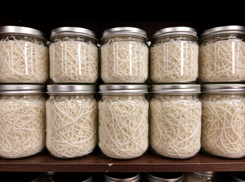 Rows of grain jars fully colonized with dense white rhizomorphic mycelium on a warm dark shelf