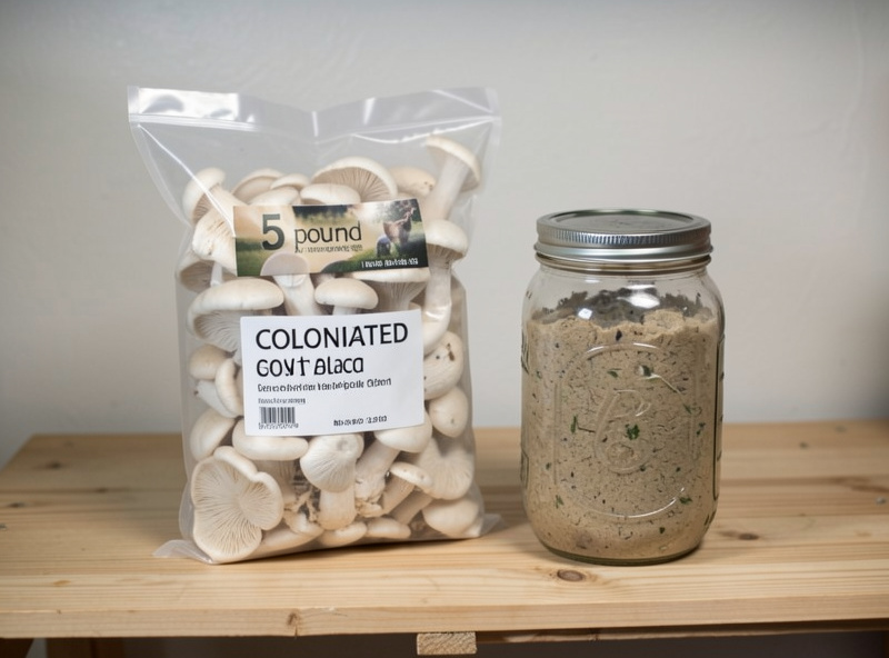 A 5 pound supplemented sawdust mushroom fruiting block bag next to a wide-mouth jar of substrate