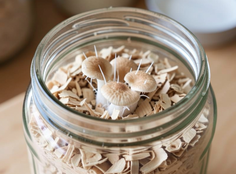 Lion's mane fruiting from the open mouth of a wide-mouth glass jar of sawdust substrate