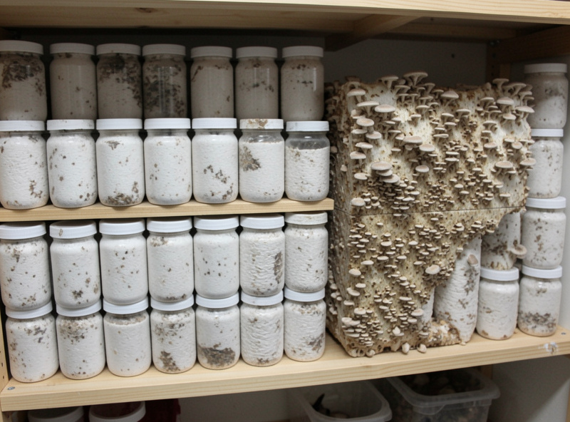 Rows of colonized lion's mane sawdust jars and a fruiting block on a cultivation shelf