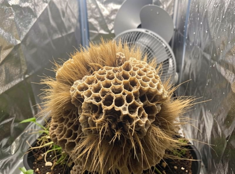 Lion's mane fruiting block inside a humid grow tent with a small circulation fan