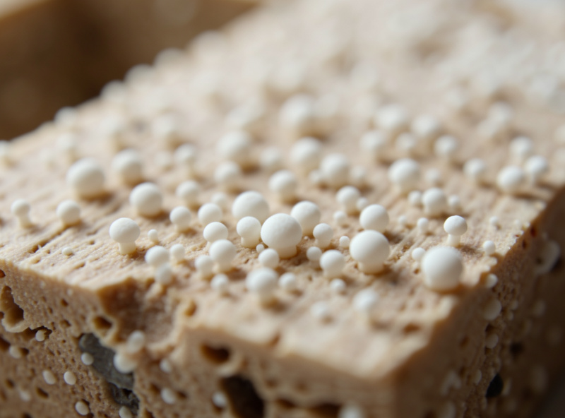 Healthy lion's mane primordia forming as small white bumps on a fruiting block surface