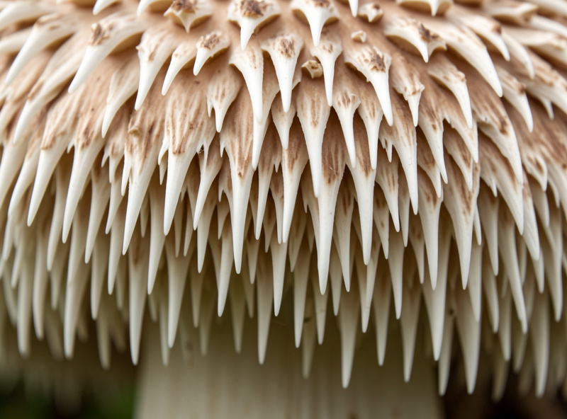 Mature lion's mane mushroom with long white cascading spines fruiting from a sawdust block