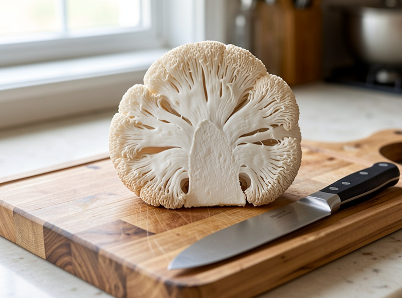 Freshly harvested lion's mane mushroom held next to a knife showing dense white interior