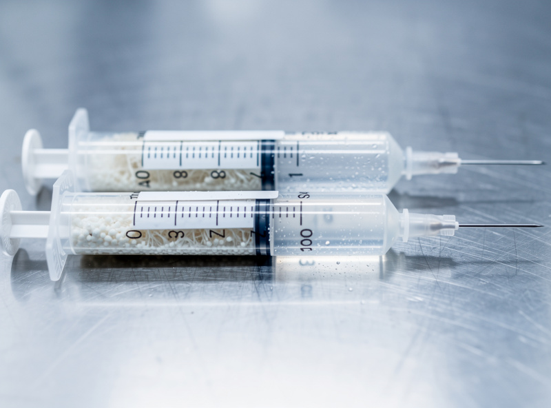Two labelled 10cc syringes side by side, one marked liquid culture with cloudy mycelium and one marked spore solution, on a clean lab bench