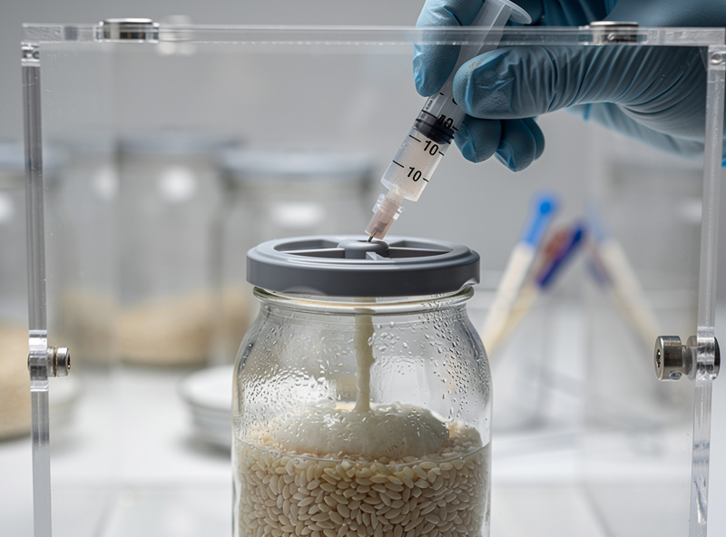 A gloved hand injecting cloudy liquid culture into a grain jar through an injection-port lid inside a still air box, sterile technique