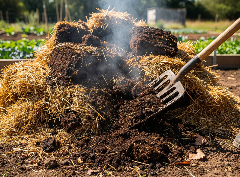 A steaming pile of composting horse manure and straw being turned with a fork during Phase I outdoor composting for button mushroom substrate
