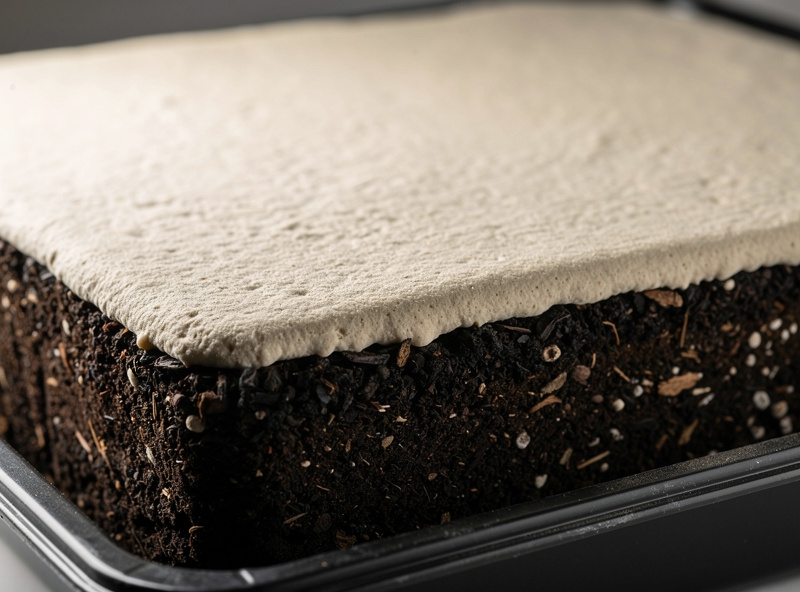 Dark finished mushroom compost in a tray topped with a pale peat and lime casing layer for growing button mushrooms