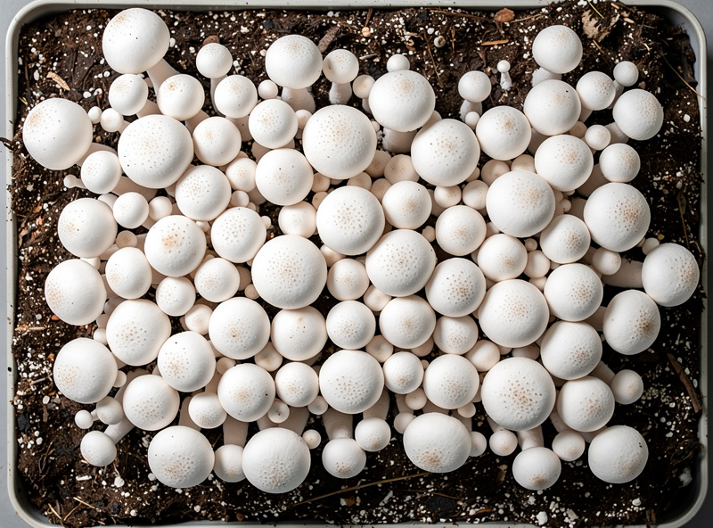 A tray of white button mushrooms fruiting through a cased manure-compost substrate at various sizes, ready for harvest